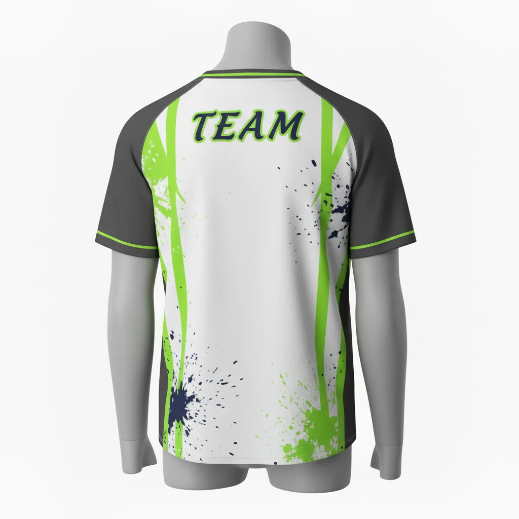 Custom Baseball V Neck Baseball Jersey - White, Green - V Neck Charcoal Neon Urban Blocks Script - Back View - HAMCO Sports Inc.