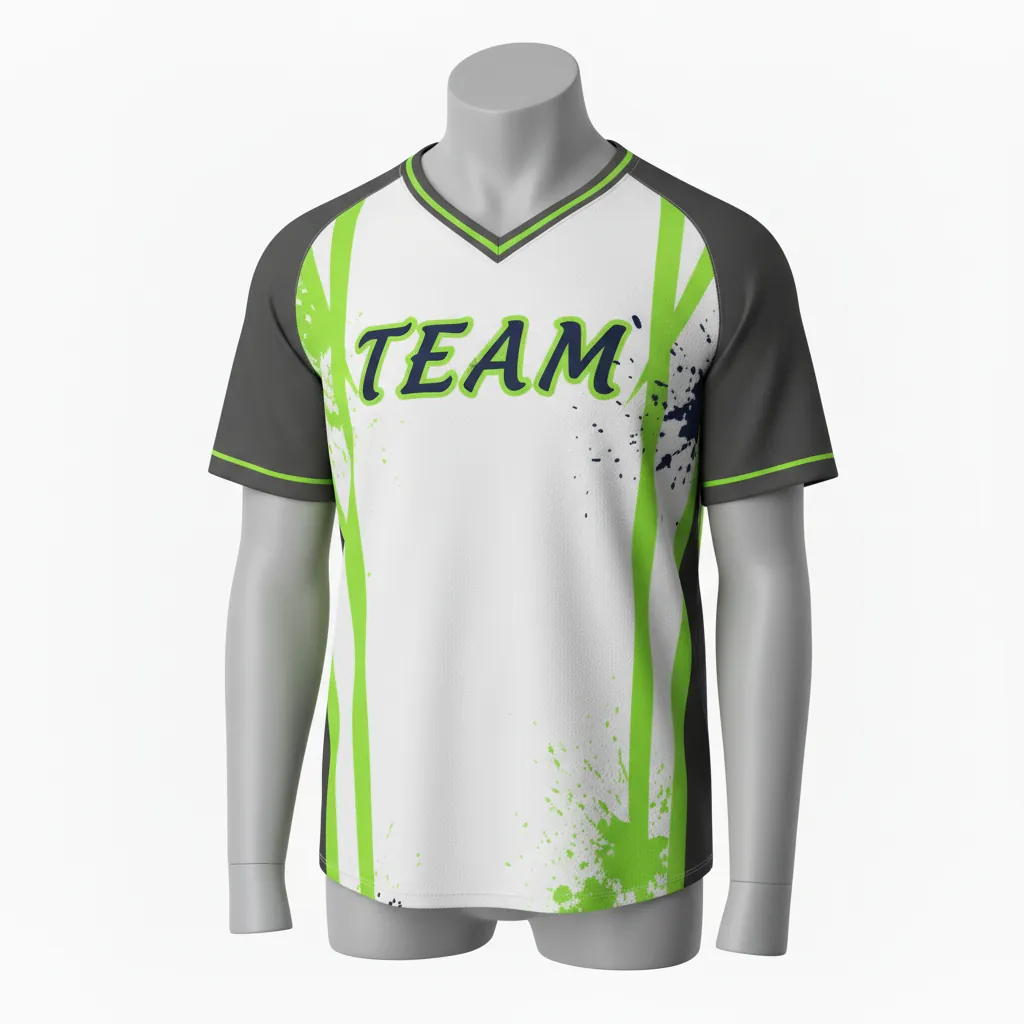 Custom Baseball V Neck Baseball Jersey - White, Green - V Neck Charcoal Neon Urban Blocks Script - Front View - HAMCO Sports Inc.