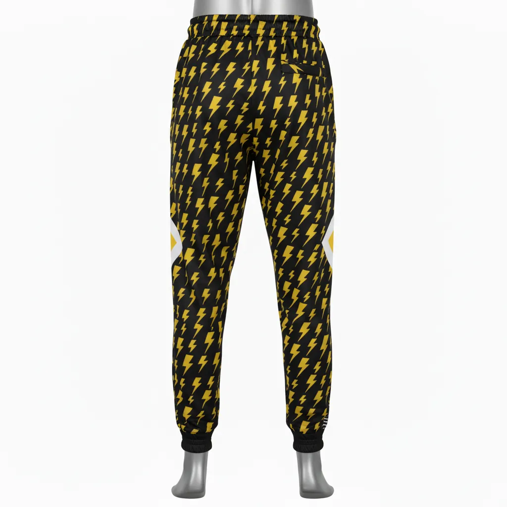 Custom Basketball Basketball Joggers - Black, Yellow - Joggers Lightning Pattern - Back View - HAMCO Sports Inc.