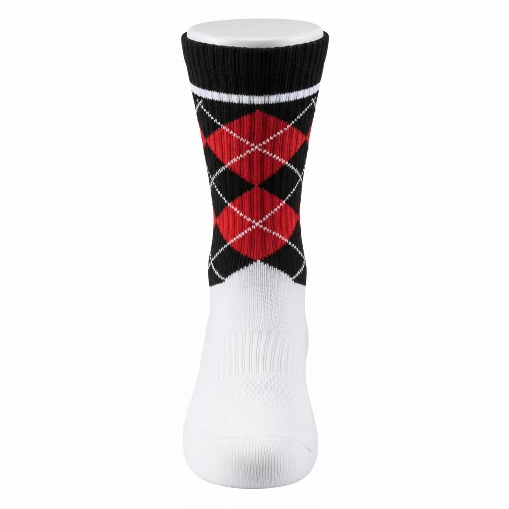 Custom Basketball Basketball Socks - White, Black, Red - Sock Argyle - Front View - HAMCO Sports Inc.
