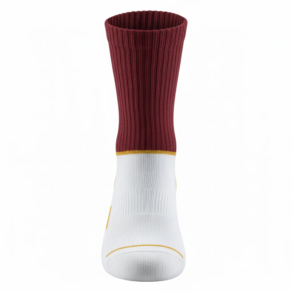 Custom Basketball Basketball Socks - White, Burgundy, Gold - Sock Block Stripe - Front View - HAMCO Sports Inc.