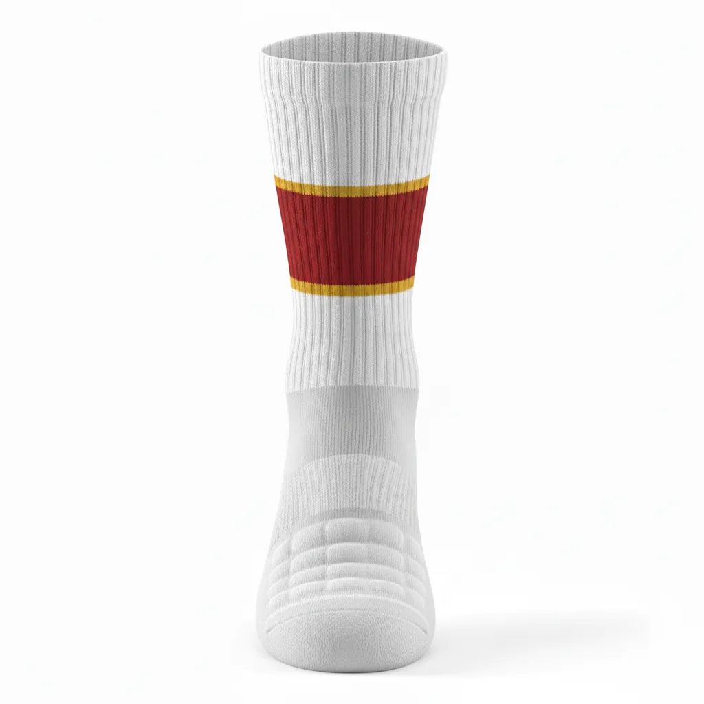 Custom Basketball Basketball Socks - White, Red, Gold - Sock Cardinal Band - Front View - HAMCO Sports Inc.