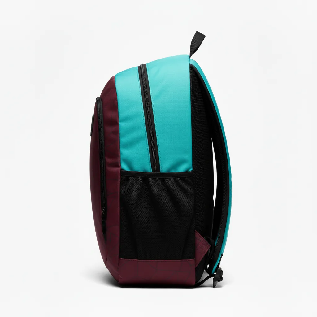 Custom Basketball Basketball Team Backpack - White - Backpack Aqua Crimson Color Block - Side View - HAMCO Sports Inc.