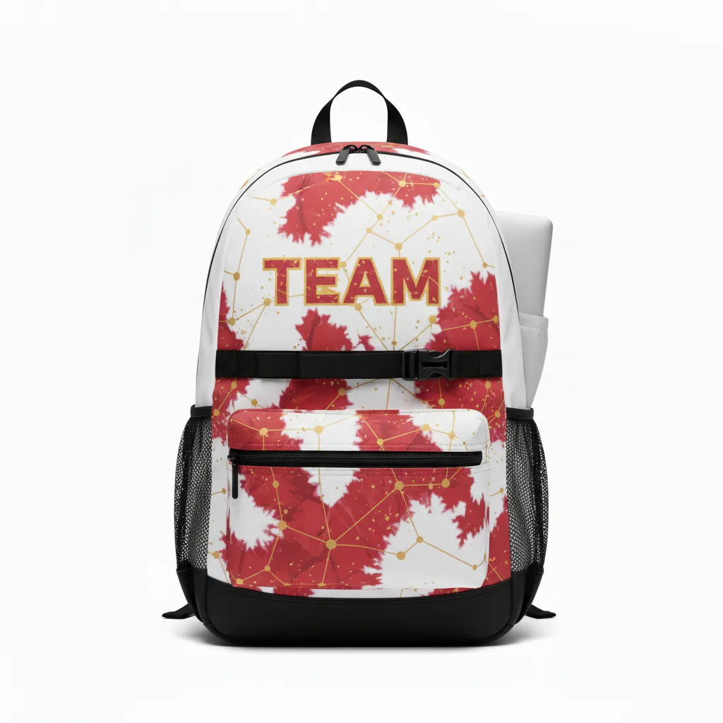 Custom Basketball Basketball Team Backpack - White, Red, Gold - Backpack Cardinal Tech Pattern - Front View - HAMCO Sports Inc.
