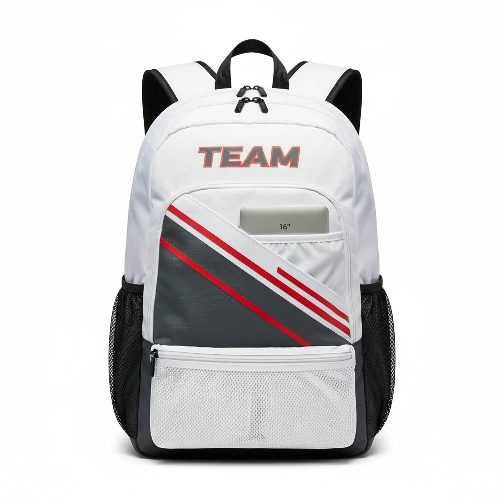 Custom Basketball Basketball Team Backpack - White, Red - Backpack Charcoal Asymmetric Panel - Front View - HAMCO Sports Inc.