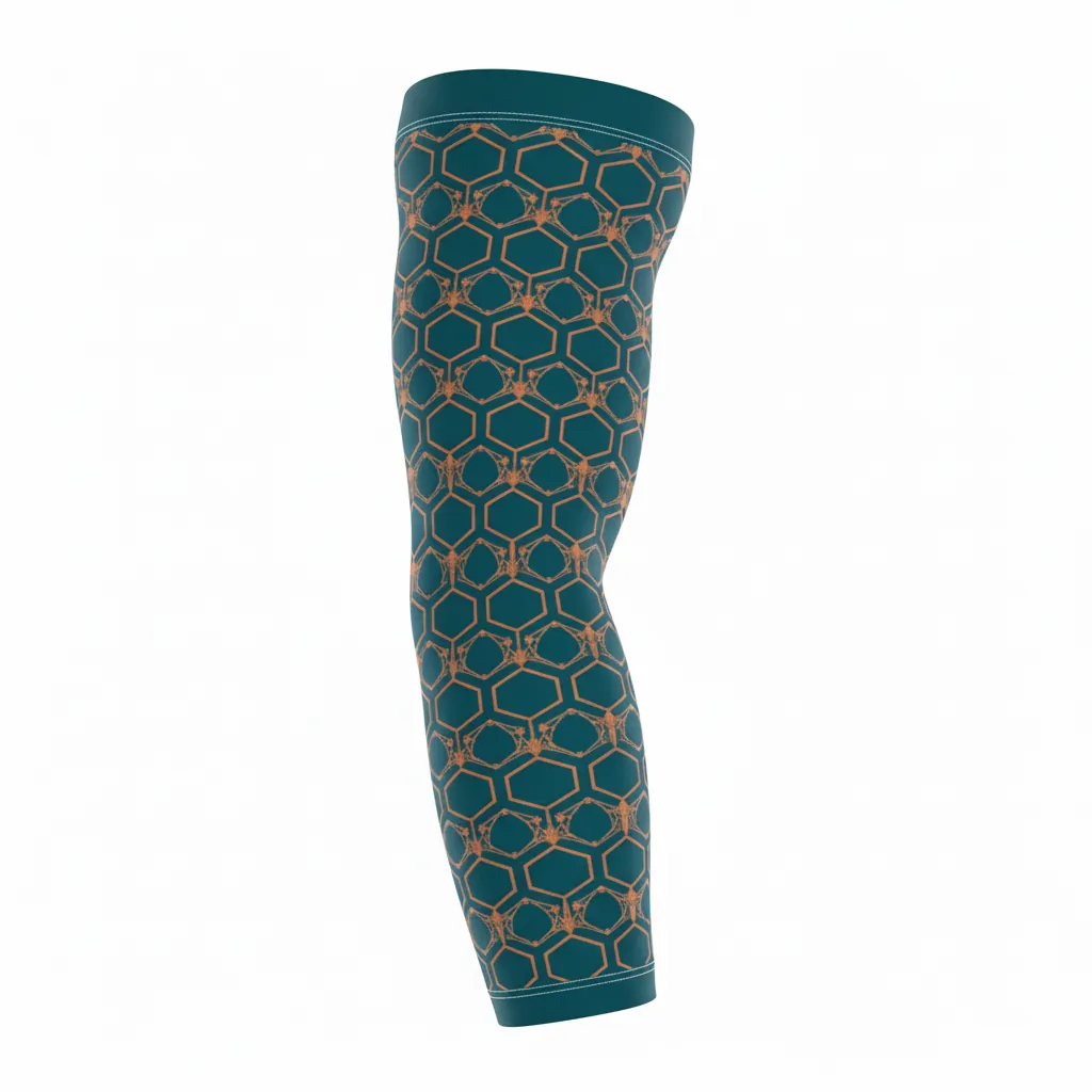 Custom Basketball Compression Arm Sleeves - White, Orange - Arm Sleeve Dark Teal Hexagon - Front View - HAMCO Sports Inc.