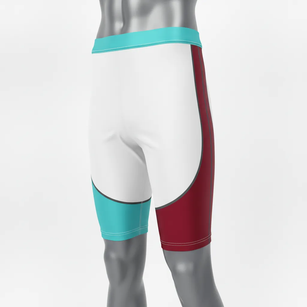 Custom Basketball Compression Shorts - White - Compression Shorts Aqua Crimson Hip Block - Front View - HAMCO Sports Inc.