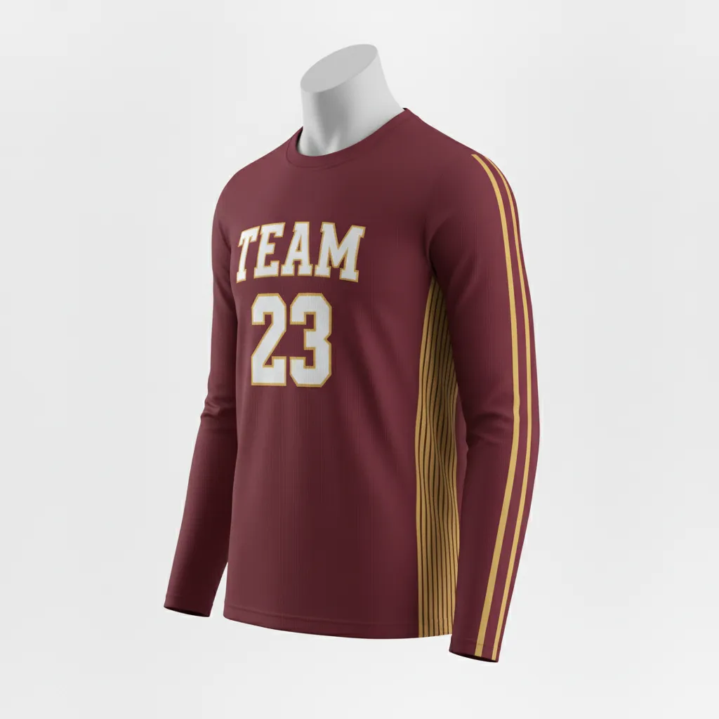 Custom Basketball Long Sleeve Shooting Shirt - Burgundy, Gold - Long Sleeve Shooting Shirt Side Stripe - Front View - HAMCO Sports Inc.