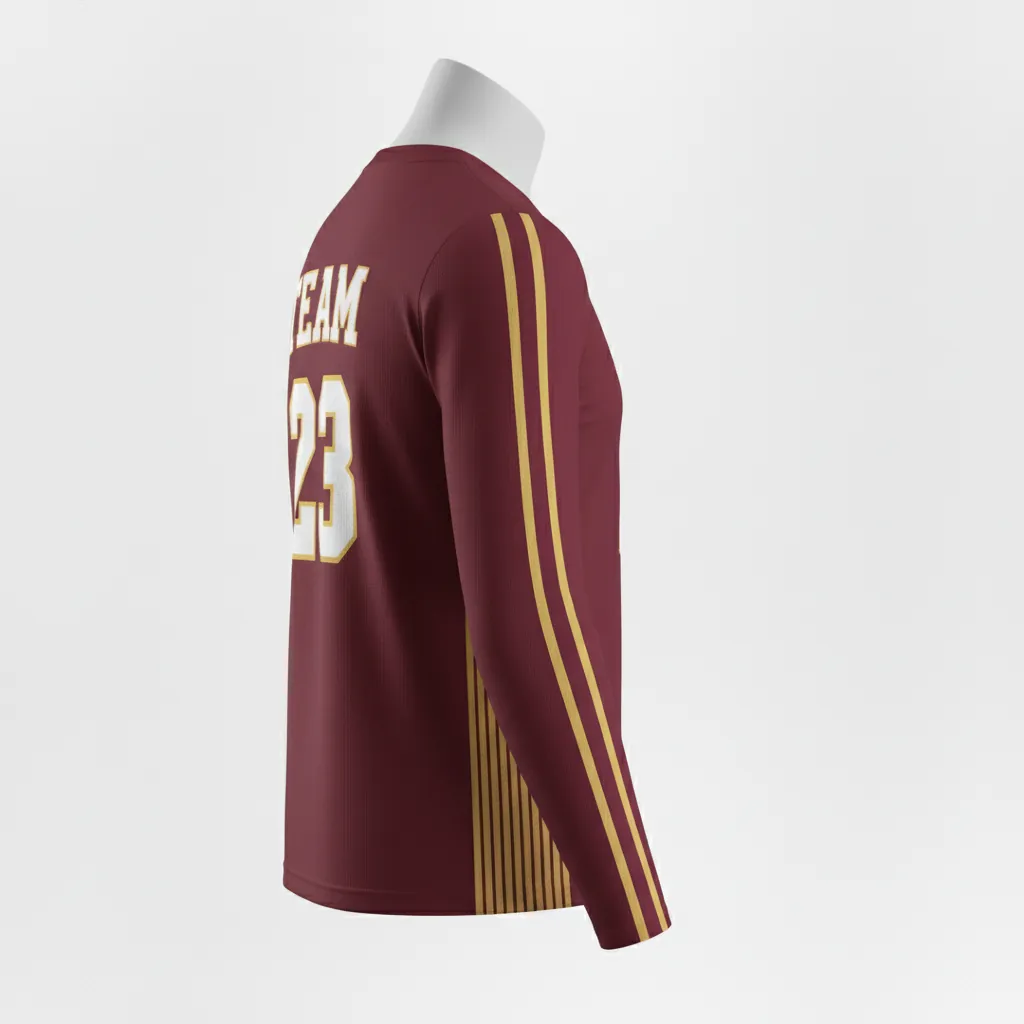 Custom Basketball Long Sleeve Shooting Shirt - Burgundy, Gold - Long Sleeve Shooting Shirt Side Stripe - Side View - HAMCO Sports Inc.
