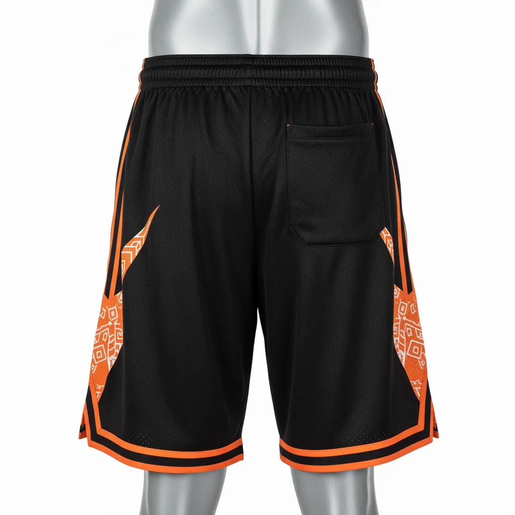 Custom Basketball Performance Basketball Shorts - Black, Orange - Performance Shorts Vshape - Back View - HAMCO Sports Inc.