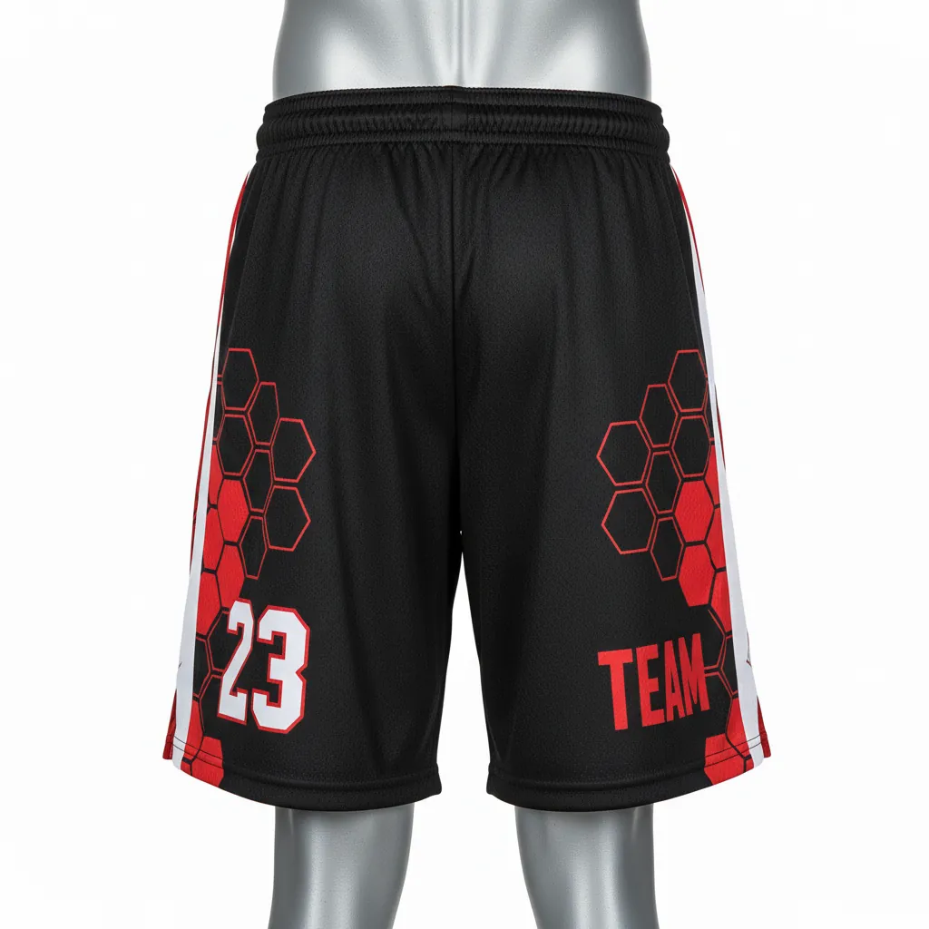 Custom Basketball Performance Basketball Shorts - Black, Red, White - Performance Shorts Geometric - Back View - HAMCO Sports Inc.