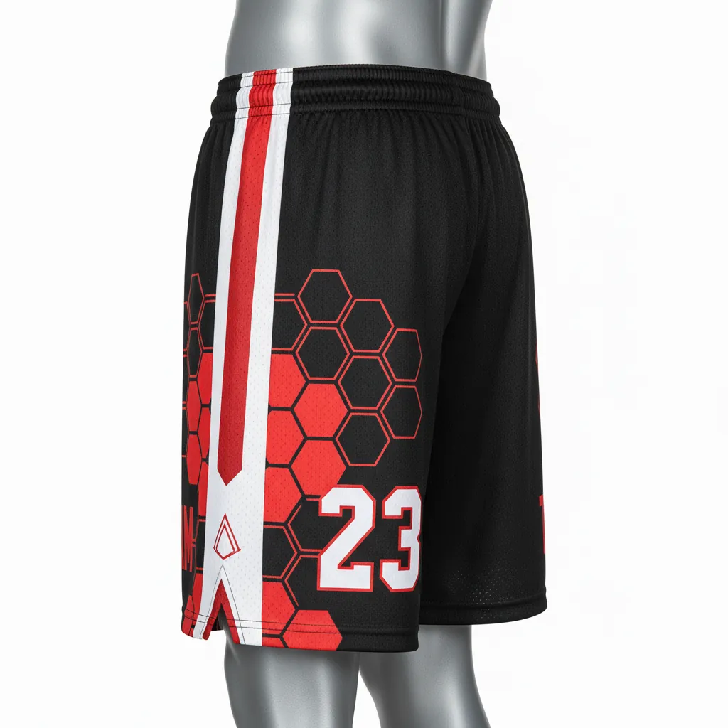 Custom Basketball Performance Basketball Shorts - Black, Red, White - Performance Shorts Geometric - Side View - HAMCO Sports Inc.