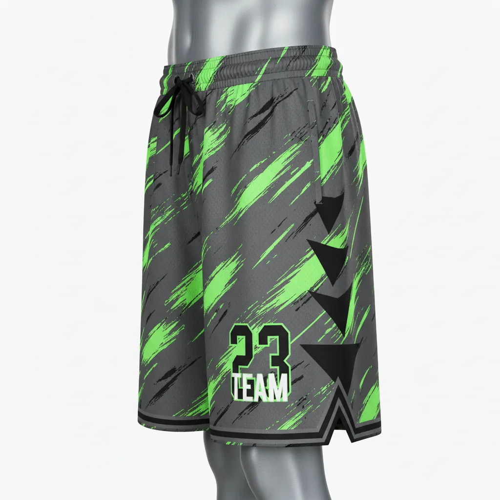 Custom Basketball Performance Basketball Shorts - Green - Performance Shorts Charcoal Neon Abstract - Front View - HAMCO Sports Inc.