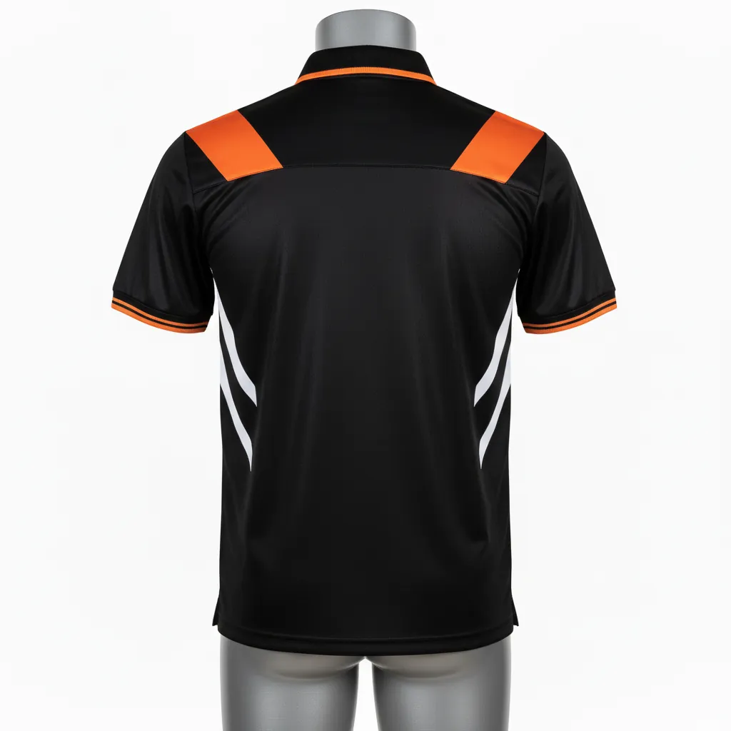 Custom Basketball Performance Polo Shirt - Black, Orange - Performance Polo Shirt Vshape - Back View - HAMCO Sports Inc.