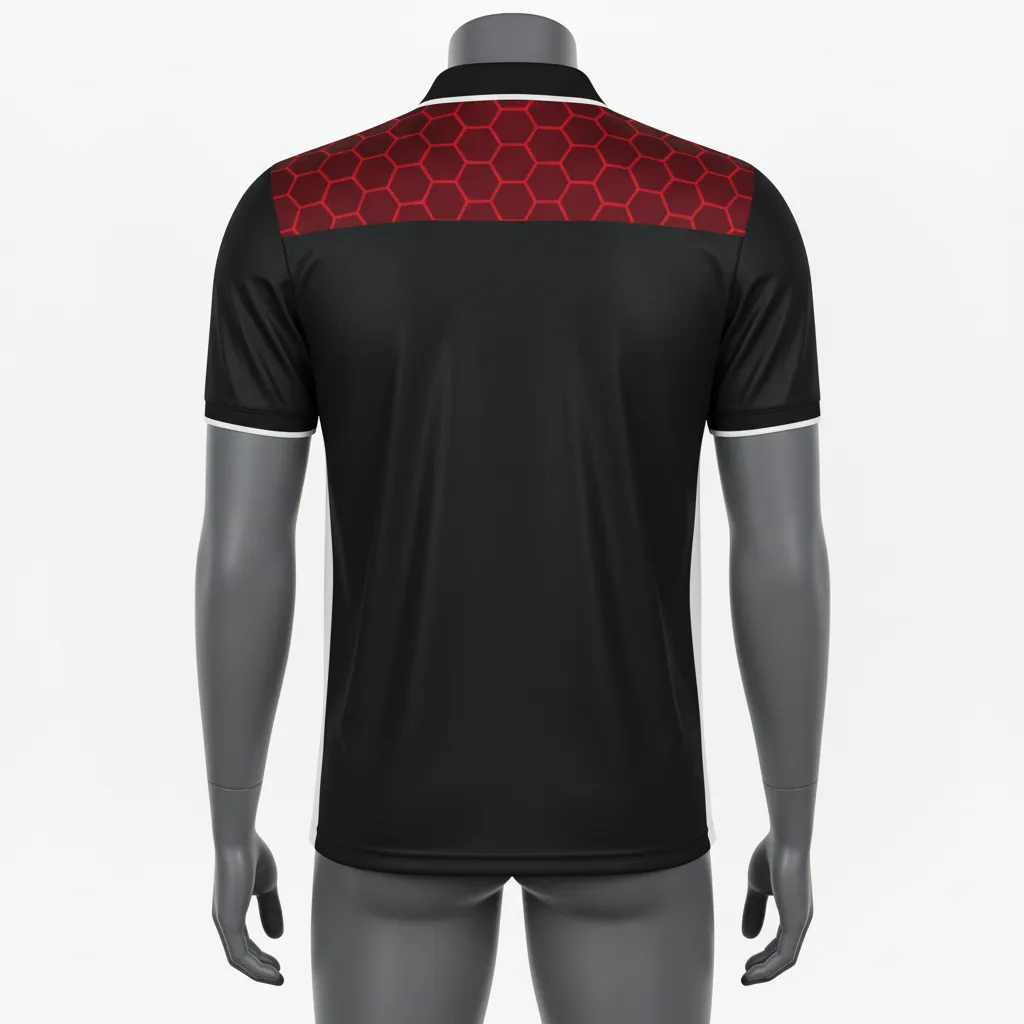 Custom Basketball Performance Polo Shirt - Black, Red, White - Performance Polo Shirt Shoulder Pattern - Back View - HAMCO Sports Inc.
