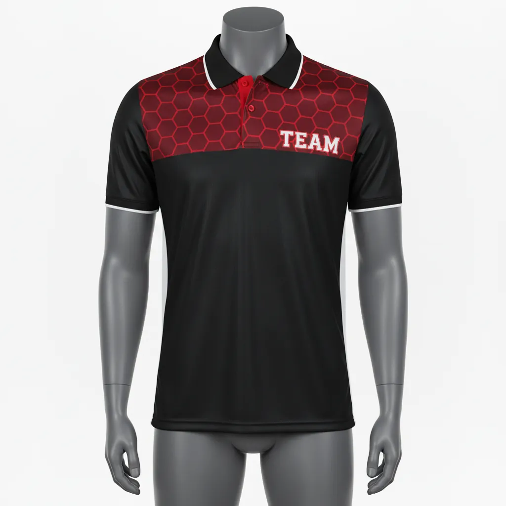 Custom Basketball Performance Polo Shirt - Black, Red, White - Performance Polo Shirt Shoulder Pattern - Front View - HAMCO Sports Inc.