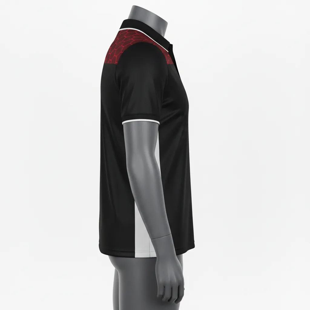 Custom Basketball Performance Polo Shirt - Black, Red, White - Performance Polo Shirt Shoulder Pattern - Side View - HAMCO Sports Inc.