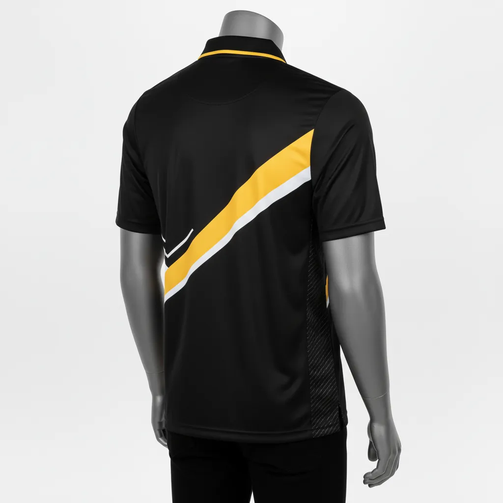 Custom Basketball Performance Polo Shirt - Black, Yellow - Performance Polo Shirt Diagonal Stripe - Back View - HAMCO Sports Inc.