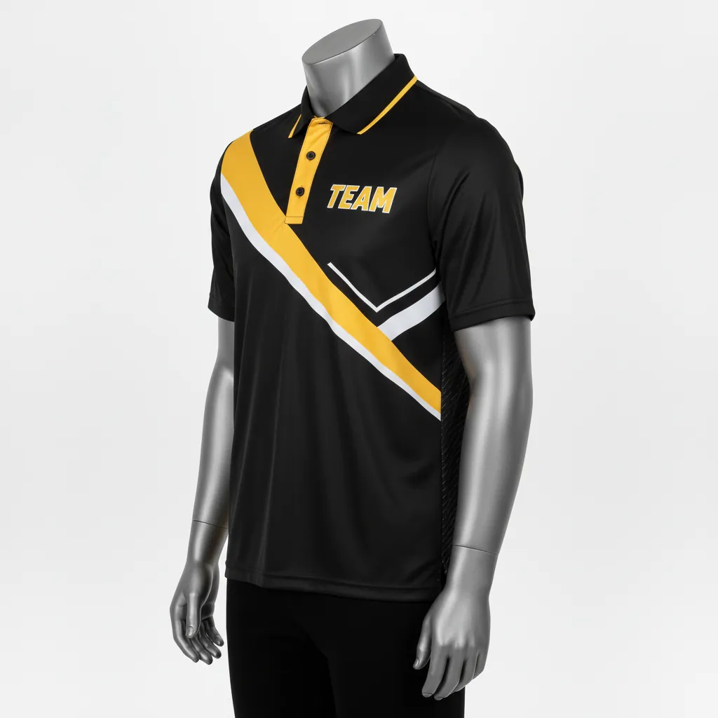 Custom Basketball Performance Polo Shirt - Black, Yellow - Performance Polo Shirt Diagonal Stripe - Front View - HAMCO Sports Inc.