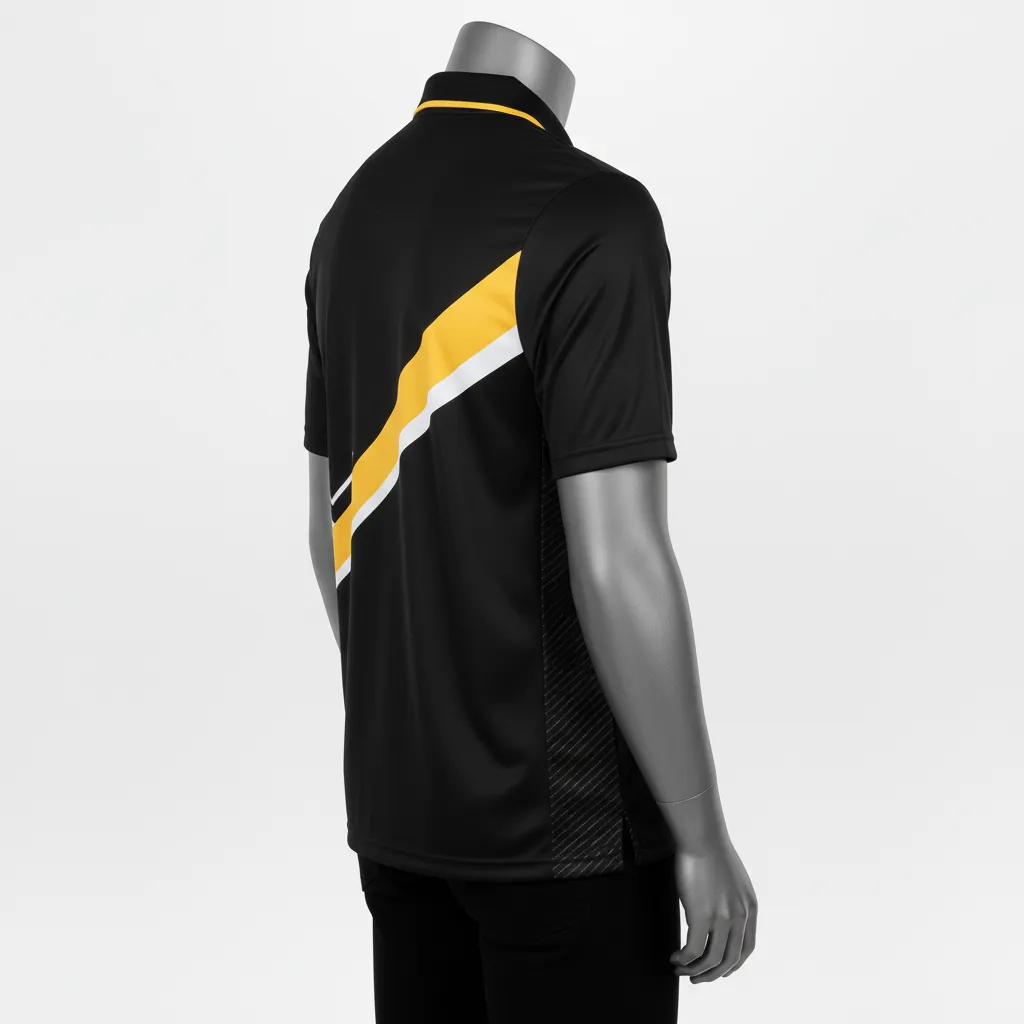 Custom Basketball Performance Polo Shirt - Black, Yellow - Performance Polo Shirt Diagonal Stripe - Side View - HAMCO Sports Inc.