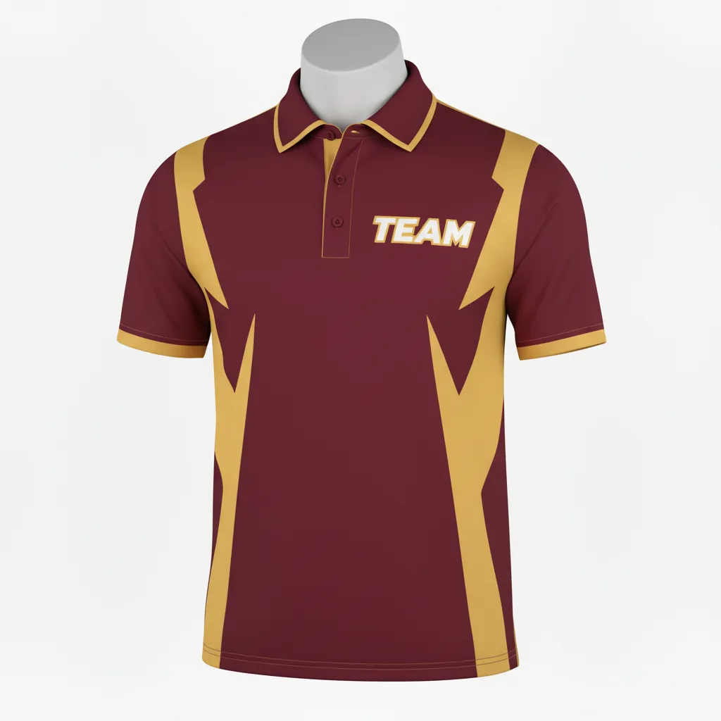 Custom Basketball Performance Polo Shirt - Burgundy, Gold - Performance Polo Shirt Side Stripe - Front View - HAMCO Sports Inc.