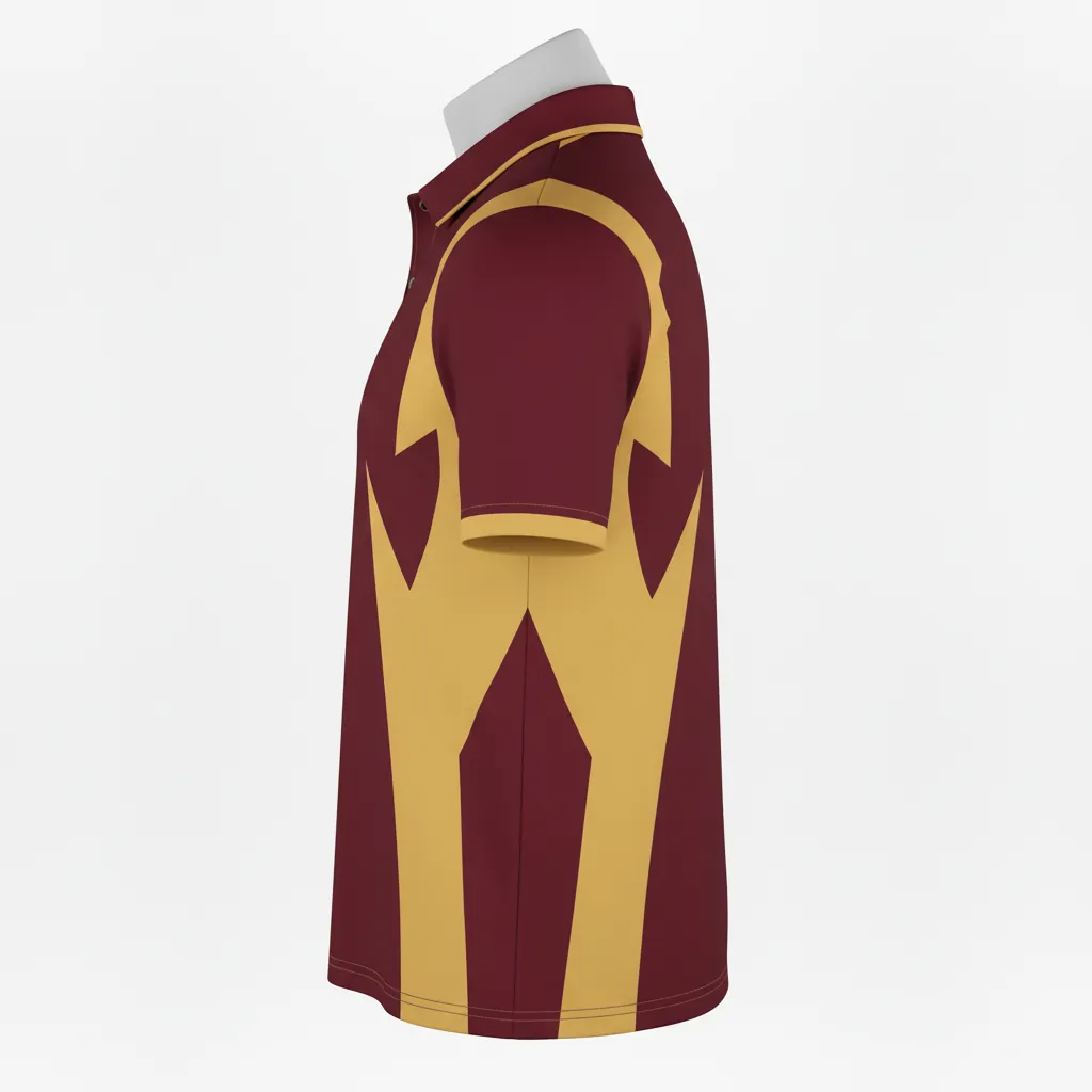 Custom Basketball Performance Polo Shirt - Burgundy, Gold - Performance Polo Shirt Side Stripe - Side View - HAMCO Sports Inc.