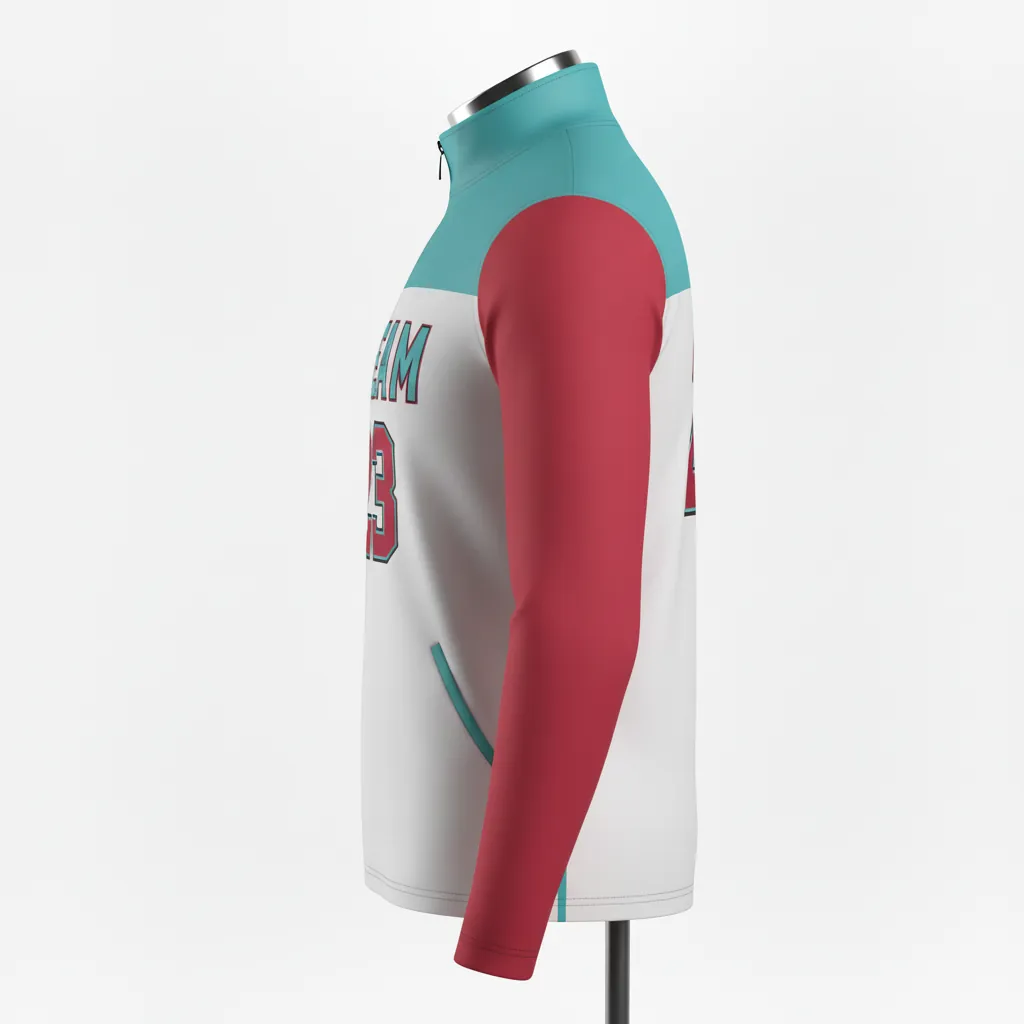 Custom Basketball Quarter Zip Practice Jersey - White - Quarter Zip Practice Jersey Aqua Crimson Shoulder Color Block - Front View - HAMCO Sports Inc.