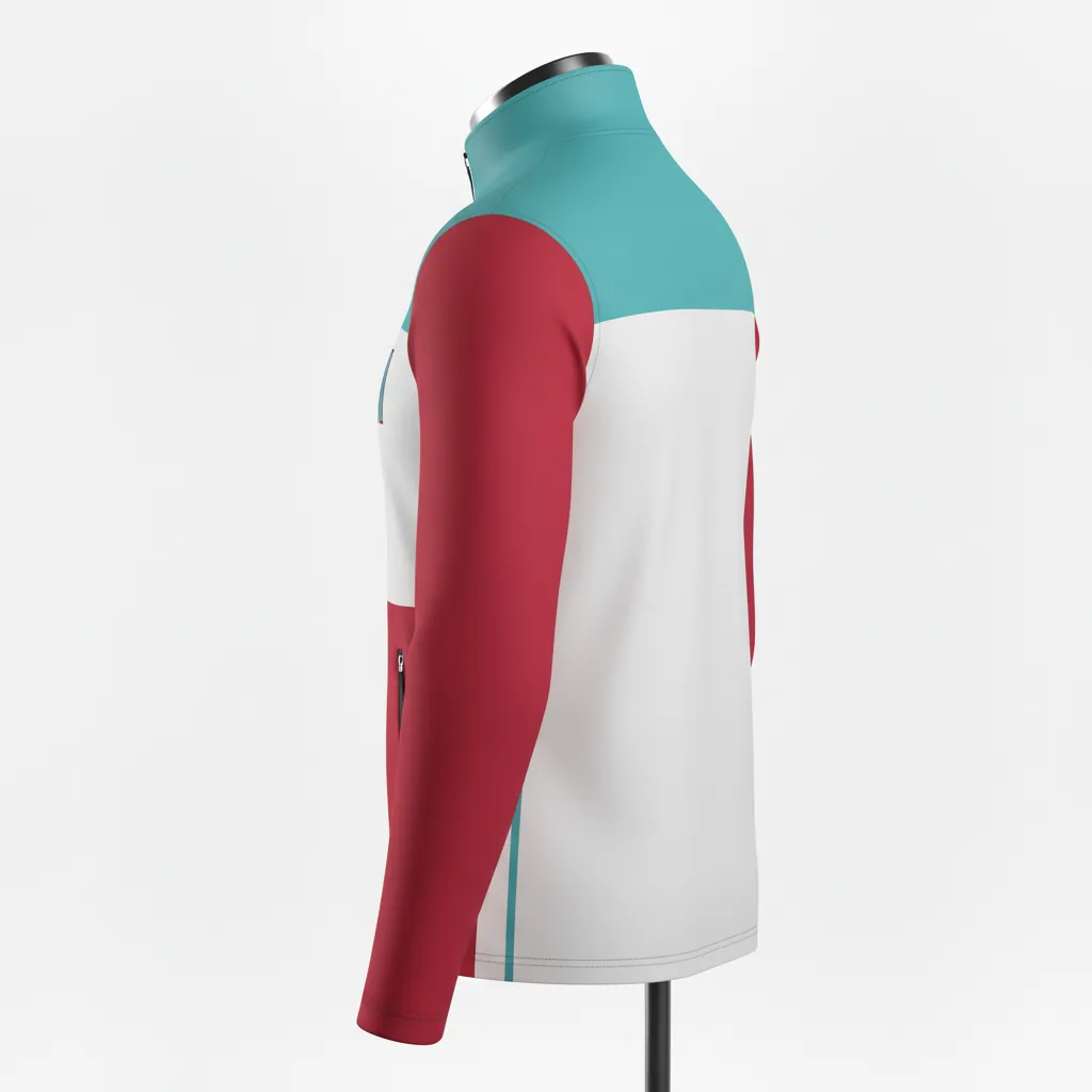 Custom Basketball Quarter Zip Practice Jersey - White - Quarter Zip Practice Jersey Aqua Crimson Shoulder Color Block - Side View - HAMCO Sports Inc.