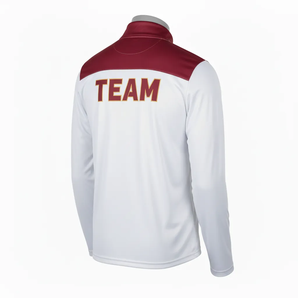 Custom Basketball Quarter Zip Practice Jersey - White, Burgundy, Gold - Quarter Zip Practice Jersey Shoulder Cap - Back View - HAMCO Sports Inc.