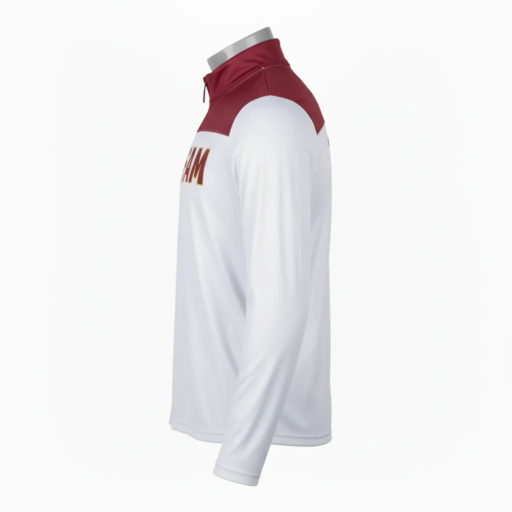 Custom Basketball Quarter Zip Practice Jersey - White, Burgundy, Gold - Quarter Zip Practice Jersey Shoulder Cap - Side View - HAMCO Sports Inc.