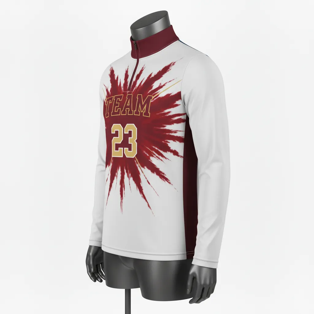 Custom Basketball Quarter Zip Practice Jersey - White, Red, Gold - Quarter Zip Practice Jersey Cardinal Shoulder Burst - Front View - HAMCO Sports Inc.