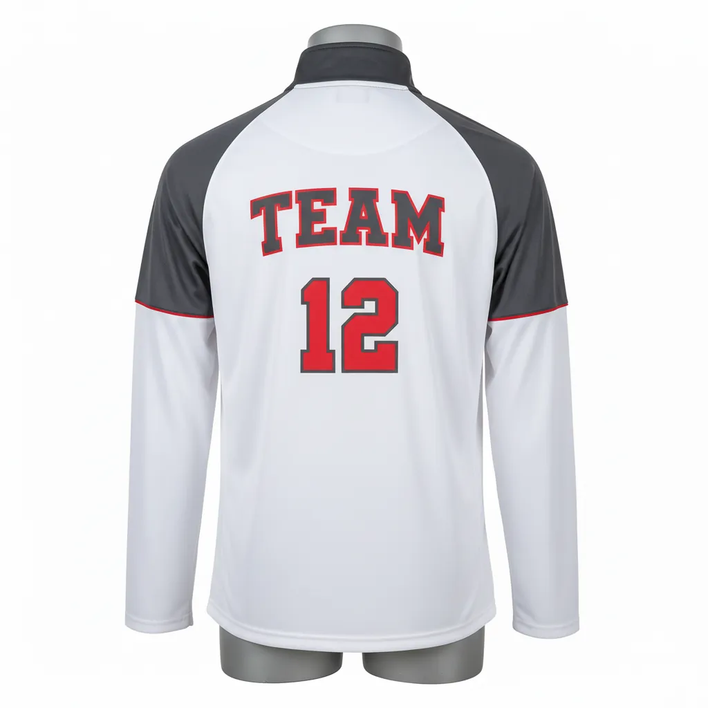Custom Basketball Quarter Zip Practice Jersey - White, Red - Quarter Zip Practice Jersey Charcoal Shoulder Cap - Back View - HAMCO Sports Inc.