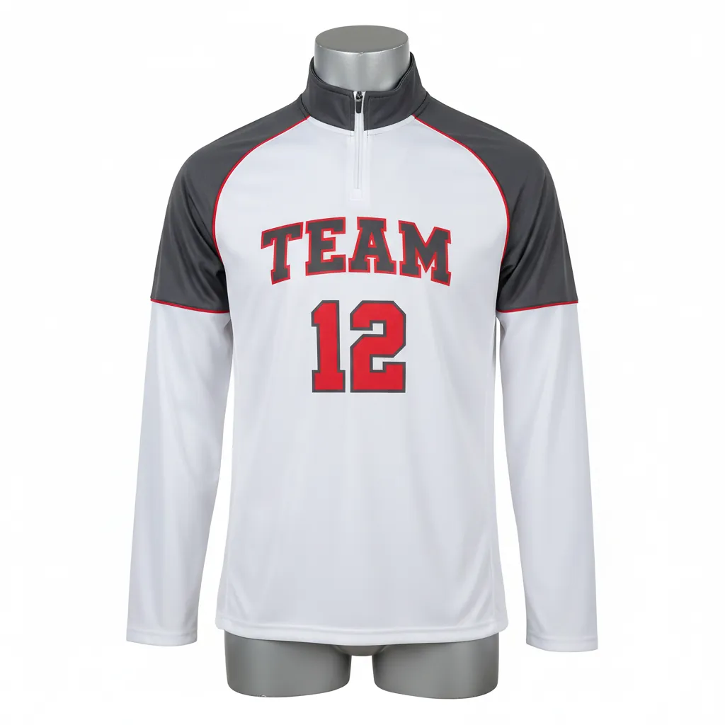 Custom Basketball Quarter Zip Practice Jersey - White, Red - Quarter Zip Practice Jersey Charcoal Shoulder Cap - Front View - HAMCO Sports Inc.