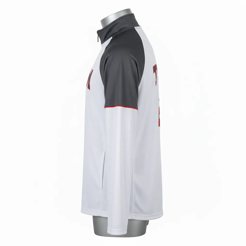 Custom Basketball Quarter Zip Practice Jersey - White, Red - Quarter Zip Practice Jersey Charcoal Shoulder Cap - Side View - HAMCO Sports Inc.