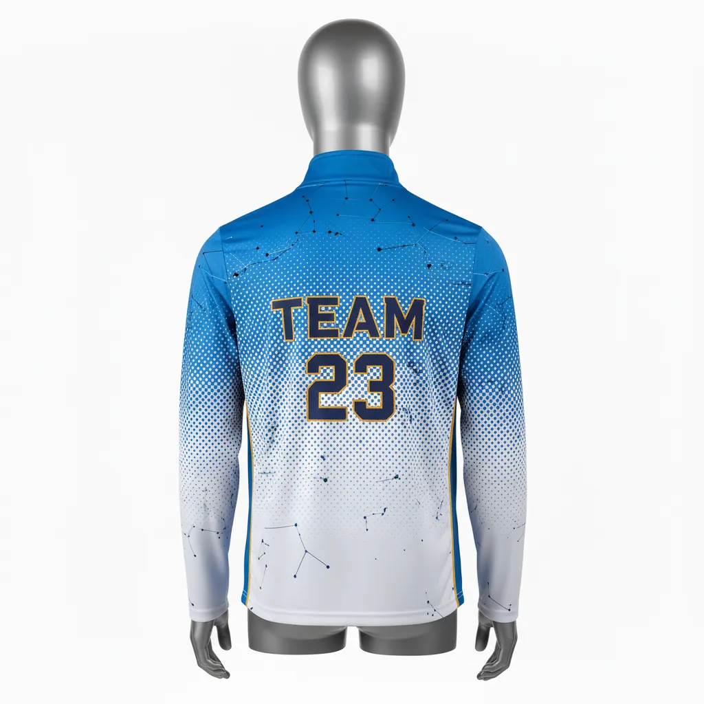 Custom Basketball Quarter Zip Practice Jersey - White, Blue, Navy - Quarter Zip Practice Jersey Columbia Halftone - Back View - HAMCO Sports Inc.