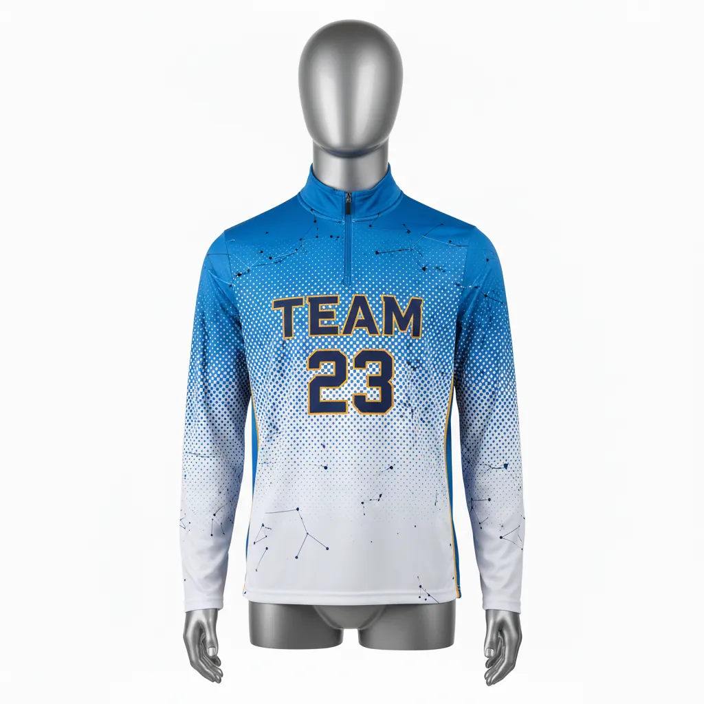 Custom Basketball Quarter Zip Practice Jersey - White, Blue, Navy - Quarter Zip Practice Jersey Columbia Halftone - Front View - HAMCO Sports Inc.