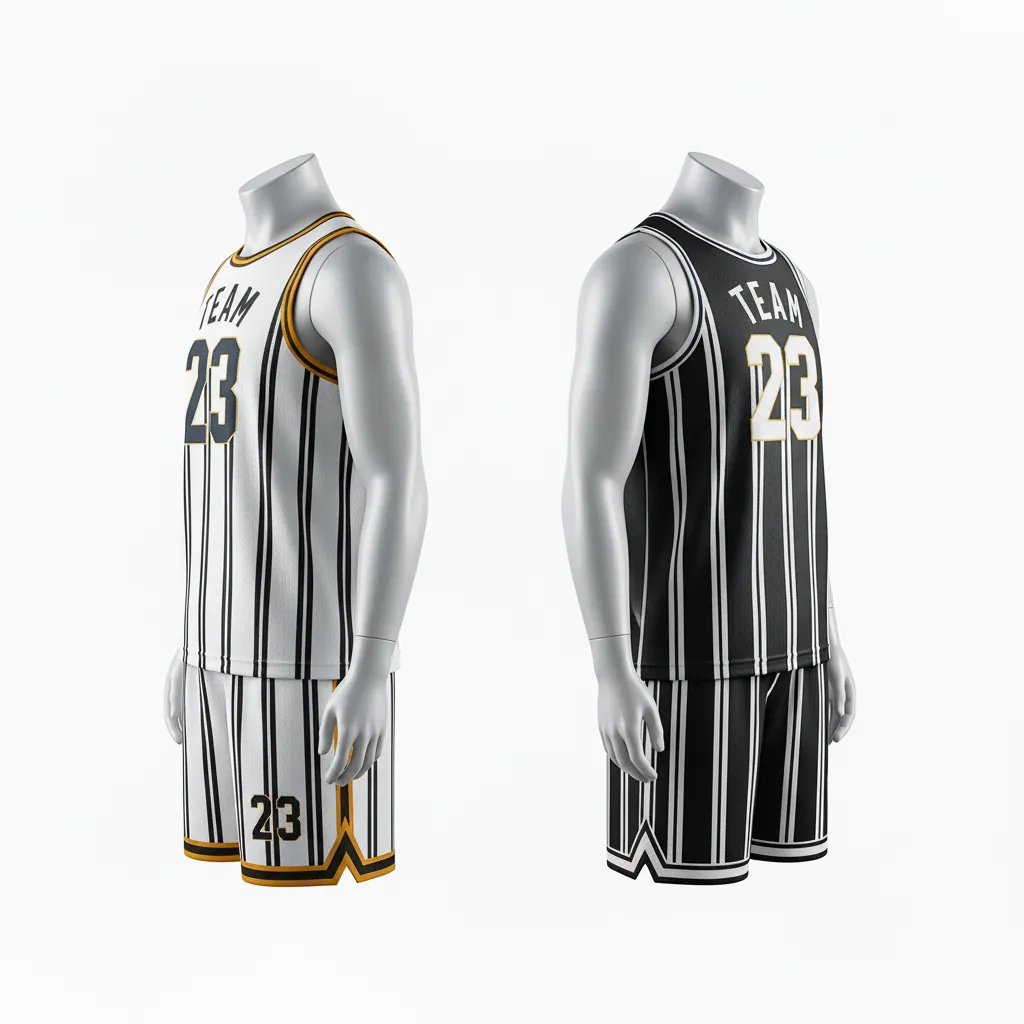 Custom Basketball Reversible Basketball Uniform - White, Black, Orange - Reversible Roundneck Vertical Stripes - Front View - HAMCO Sports Inc.