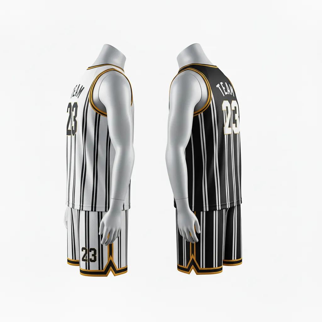 Custom Basketball Reversible Basketball Uniform - White, Black, Orange - Reversible Roundneck Vertical Stripes - Side View - HAMCO Sports Inc.