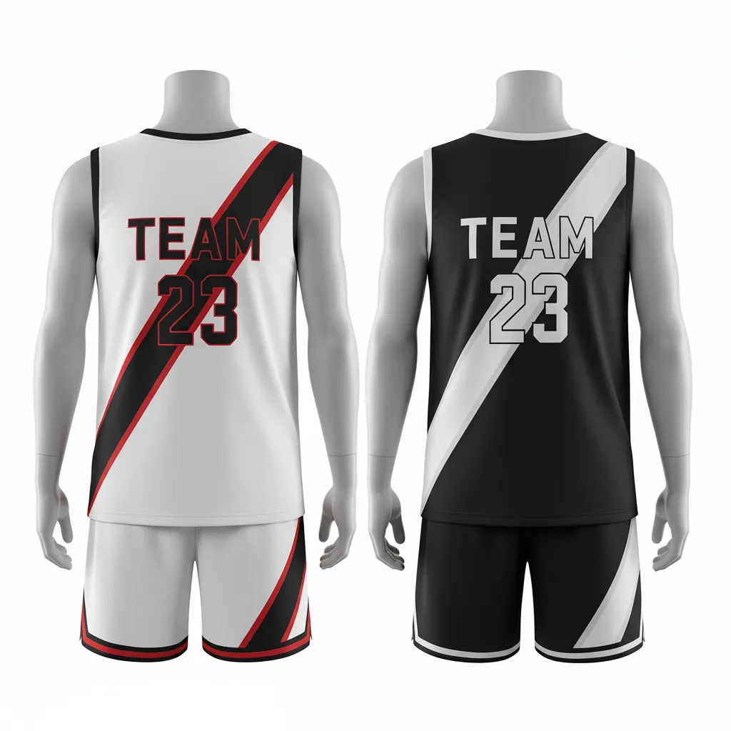 Custom Basketball Reversible Basketball Uniform - White, Black, Red - Reversible Roundneck Diagonal Slash - Back View - HAMCO Sports Inc.