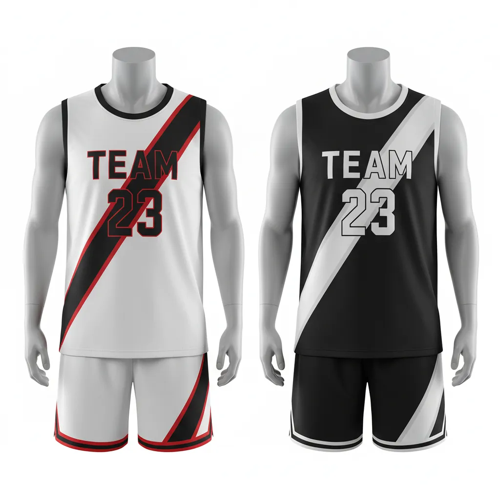 Custom Basketball Reversible Basketball Uniform - White, Black, Red - Reversible Roundneck Diagonal Slash - Front View - HAMCO Sports Inc.