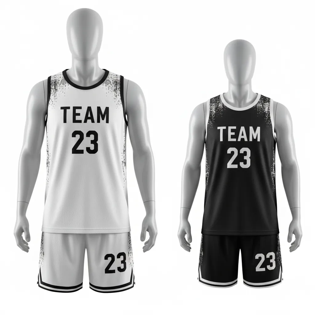 Custom Basketball Reversible Basketball Uniform - White, Black, White - Reversible Roundneck Texture Pattern - Front View - HAMCO Sports Inc.