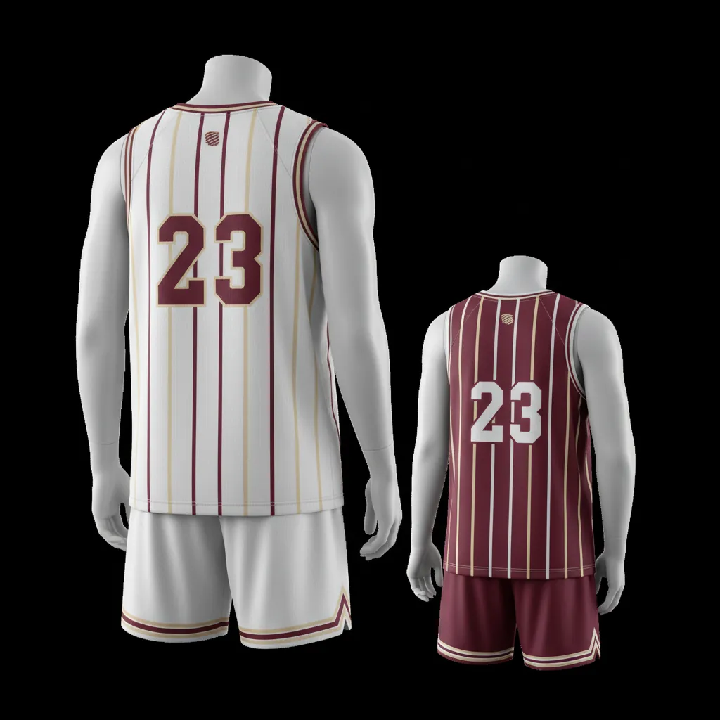 Custom Basketball Reversible Basketball Uniform - White, Burgundy, Cream - Reversible Roundneck Vertical Stripes - Back View - HAMCO Sports Inc.