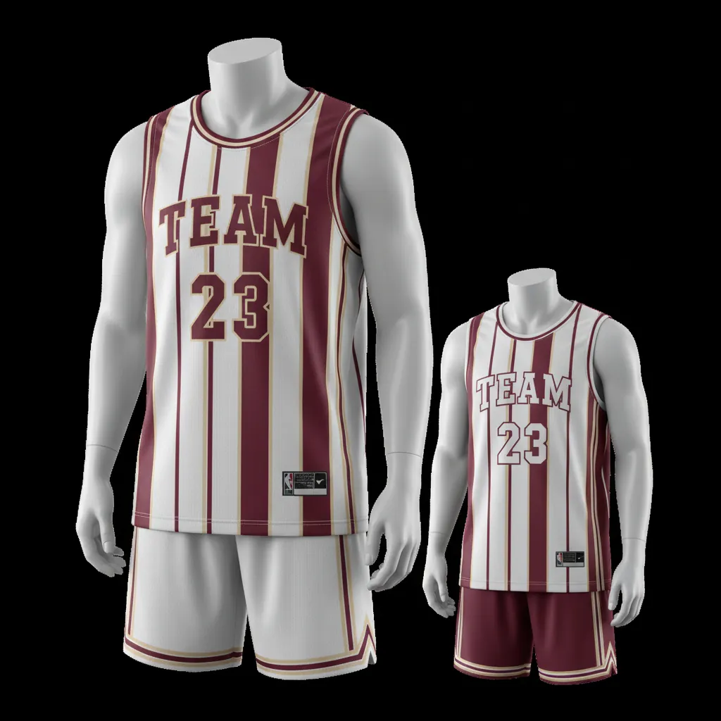 Custom Basketball Reversible Basketball Uniform - White, Burgundy, Cream - Reversible Roundneck Vertical Stripes - Front View - HAMCO Sports Inc.
