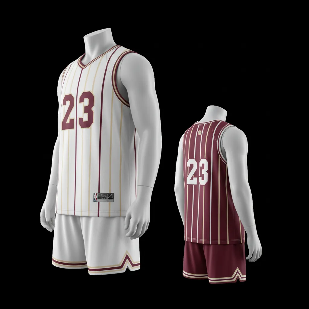 Custom Basketball Reversible Basketball Uniform - White, Burgundy, Cream - Reversible Roundneck Vertical Stripes - Side View - HAMCO Sports Inc.