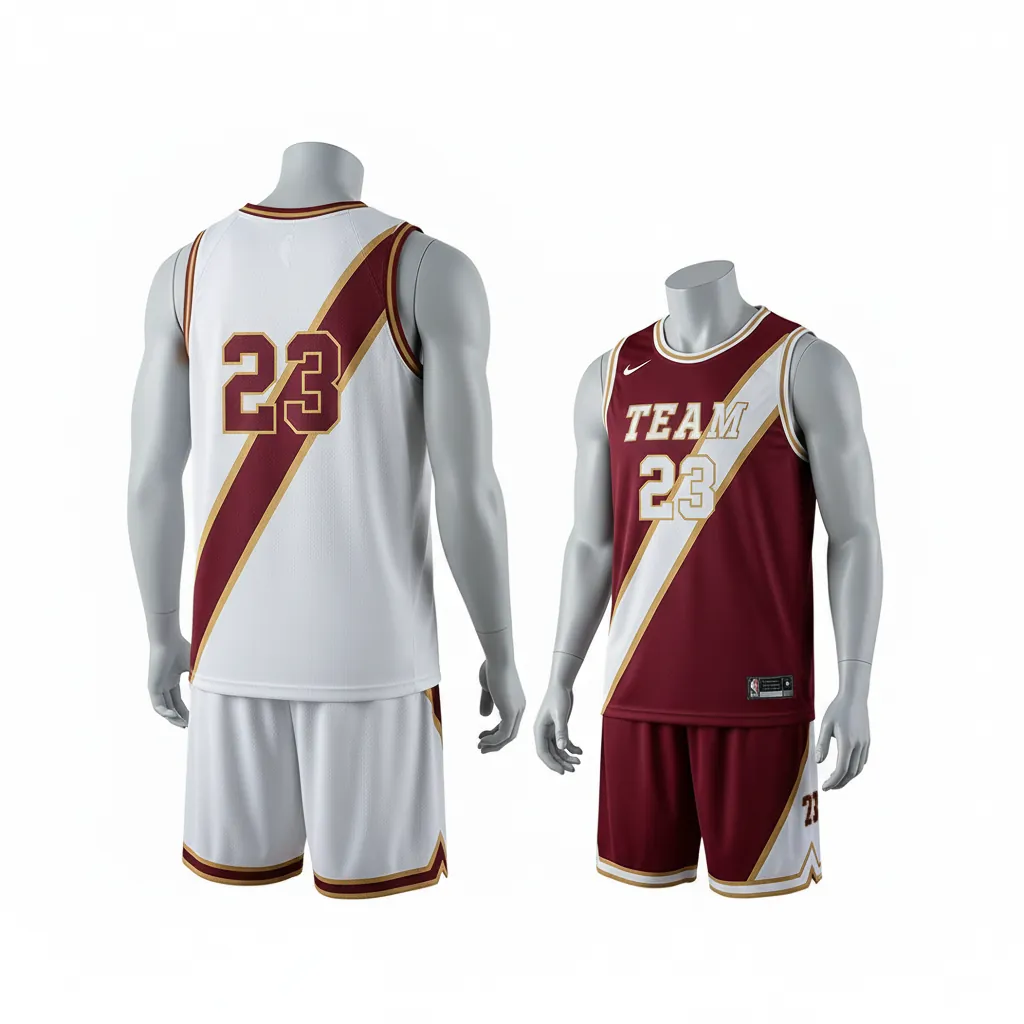 Custom Basketball Reversible Basketball Uniform - White, Burgundy, Gold - Reversible Roundneck Diagonal Slash - Back View - HAMCO Sports Inc.