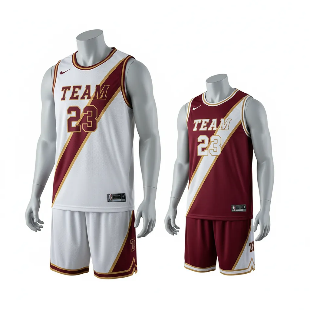 Custom Basketball Reversible Basketball Uniform - White, Burgundy, Gold - Reversible Roundneck Diagonal Slash - Front View - HAMCO Sports Inc.