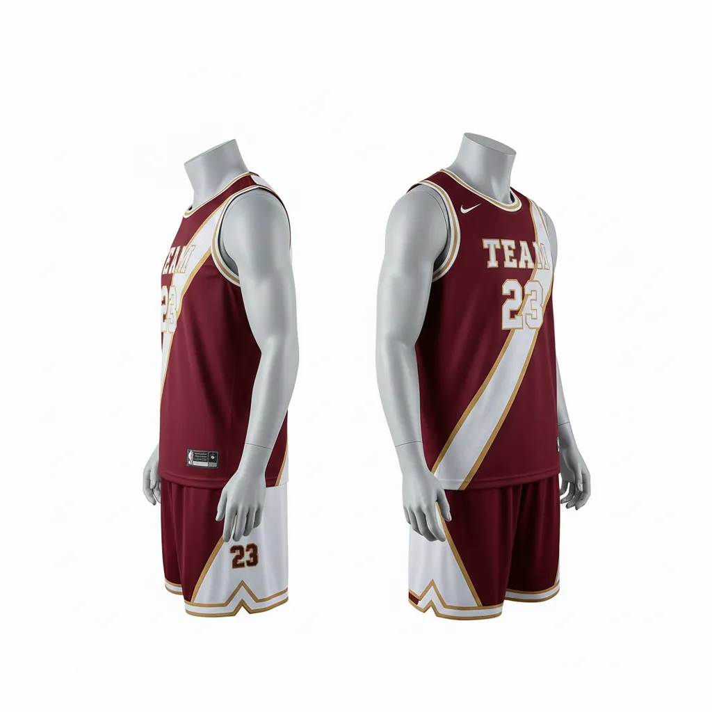 Custom Basketball Reversible Basketball Uniform - White, Burgundy, Gold - Reversible Roundneck Diagonal Slash - Side View - HAMCO Sports Inc.