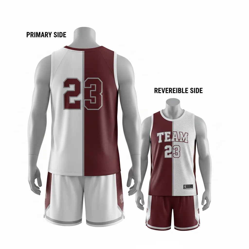 Custom Basketball Reversible Basketball Uniform - White, Burgundy, Silver - Reversible Roundneck Texture Pattern - Back View - HAMCO Sports Inc.