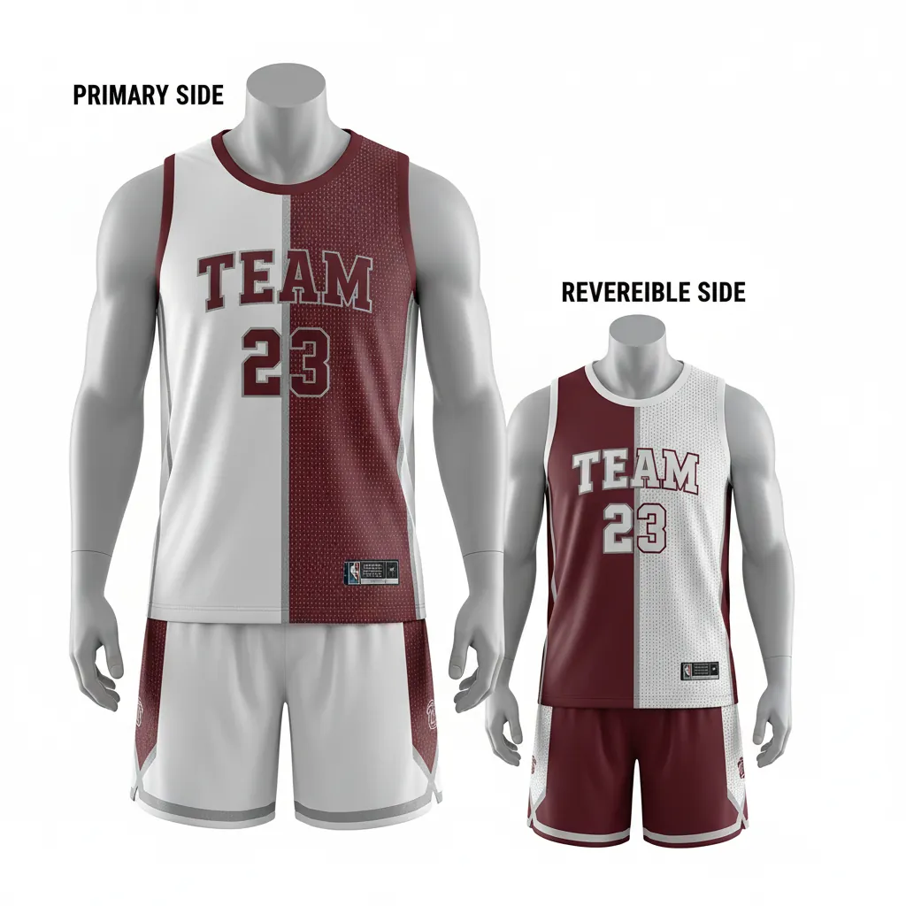 Custom Basketball Reversible Basketball Uniform - White, Burgundy, Silver - Reversible Roundneck Texture Pattern - Front View - HAMCO Sports Inc.