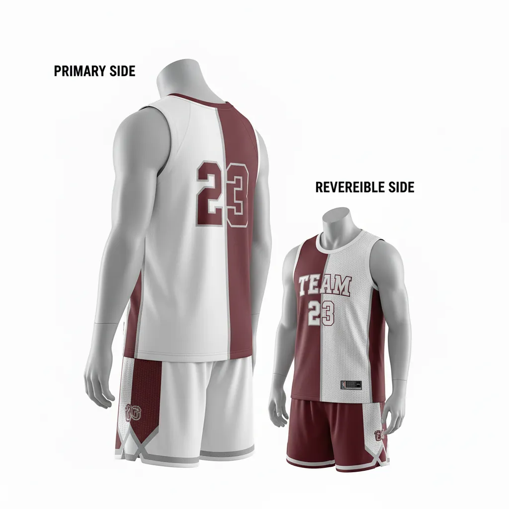 Custom Basketball Reversible Basketball Uniform - White, Burgundy, Silver - Reversible Roundneck Texture Pattern - Side View - HAMCO Sports Inc.